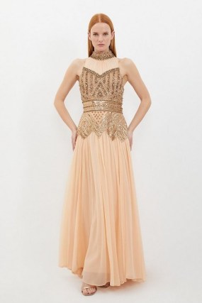 KAREN MILLEN Crystal Embellished Godet Woven Maxi Dress in Gold - flipped