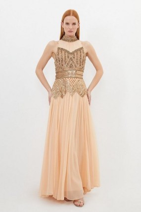 KAREN MILLEN Crystal Embellished Godet Woven Maxi Dress in Gold