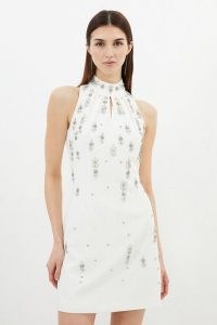 KAREN MILLEN Crystal Embellished Mini Halter Dress in Ivory – white halterneck evening dresses