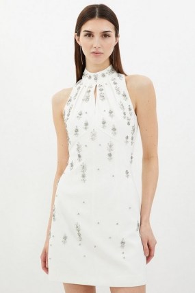 KAREN MILLEN Crystal Embellished Mini Halter Dress in Ivory – white halterneck evening dresses - flipped