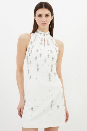 KAREN MILLEN Crystal Embellished Mini Halter Dress in Ivory – white halterneck evening dresses