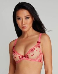 Agent Provocateur Cupid Plunge Underwired Bra in Pink ~ sheer tulle bras ~ luxury heart embroidered lingerie