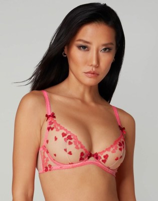 Agent Provocateur Cupid Plunge Underwired Bra in Pink ~ sheer tulle bras ~ luxury heart embroidered lingerie - flipped
