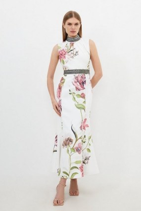 KAREN MILLEN Diamante Trim Delicate Floral Woven Sleeveless Maxi Dress / white flower print occasion dresses