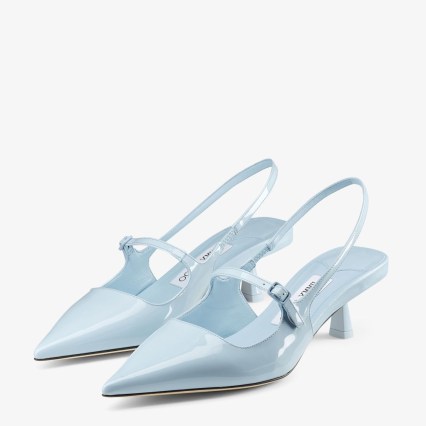 JIMMY CHOO Didi 45 Ice Blue Patent Leather Pointed Pumps – high shine slingbacks - flipped