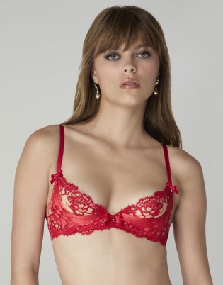 Agent Provocateur Dioni Plunge Underwired Bra in Red ~ luxury lingerie ~ glamorous semi sheer crystal droplet bras - flipped