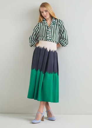 L.K. BENNETT Dora Green, Navy And Cream Tie Dye Cotton Midi Skirt / colour block skirts / women’s luxury colourblock clothing - flipped
