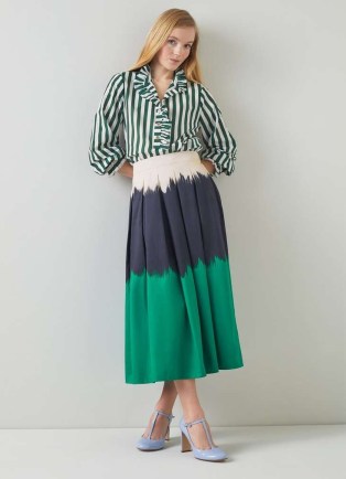 L.K. BENNETT Dora Green, Navy And Cream Tie Dye Cotton Midi Skirt / colour block skirts / women’s luxury colourblock clothing
