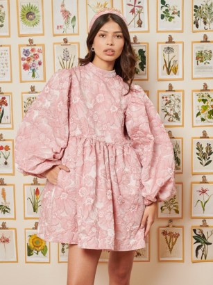 sister jane DREAM DELIGHTFUL THINGS Collectors Jacquard Mini Dress in Old Pink/ floral balloon sleeve dresses / romantic oversized party fashion - flipped