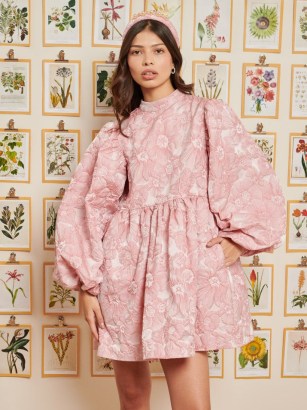 sister jane DREAM DELIGHTFUL THINGS Collectors Jacquard Mini Dress in Old Pink/ floral balloon sleeve dresses / romantic oversized party fashion