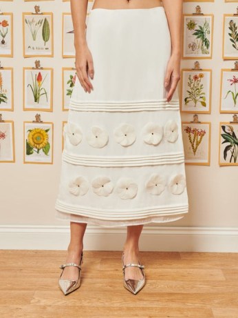 sister jane Helena Flower Midi Skirt in Satin White / A-line floral applique skirts / DREAM DELIGHTFUL THINGS - flipped