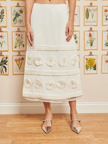 sister jane Helena Flower Midi Skirt in Satin White / A-line floral applique skirts / DREAM DELIGHTFUL THINGS