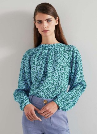 L.K. BENNETT Edeline Blue and Green Heart Print Silk Top – silky long sleeve tops - flipped