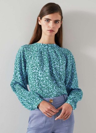 L.K. BENNETT Edeline Blue and Green Heart Print Silk Top – silky long sleeve tops