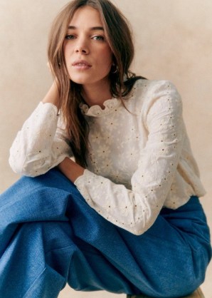 Sezane EGLANTINE BLOUSE in White with cream embroidery / floral ruffle neck blouses / feminine ruffled top - flipped