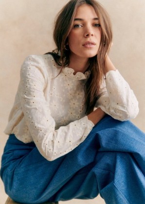 Sezane EGLANTINE BLOUSE in White with cream embroidery / floral ruffle neck blouses / feminine ruffled top