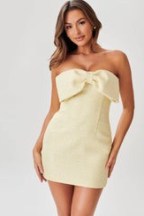 Meshki ELIZABETH Tweed Bow Mini Dress in Lemon ~ strapless yellow textured evening dresses - flipped