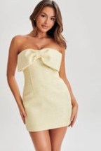 Meshki ELIZABETH Tweed Bow Mini Dress in Lemon ~ strapless yellow textured evening dresses