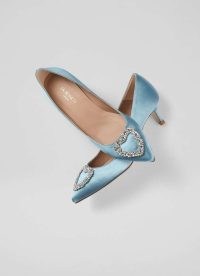 L.K. BENNETT Ella Pale Blue Satin Heart Brooch Courts – luxe kitten heel court shoes – luxe summer occasion footwear