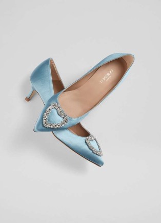 L.K. BENNETT Ella Pale Blue Satin Heart Brooch Courts – luxe kitten heel court shoes – luxe summer occasion footwear - flipped