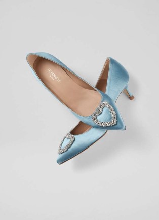 L.K. BENNETT Ella Pale Blue Satin Heart Brooch Courts – luxe kitten heel court shoes – luxe summer occasion footwear