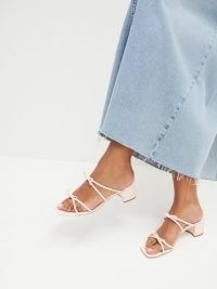 Reformation Elodie Block Heeled Sandal in Pearlized Morning Dew – bow embellished sandals