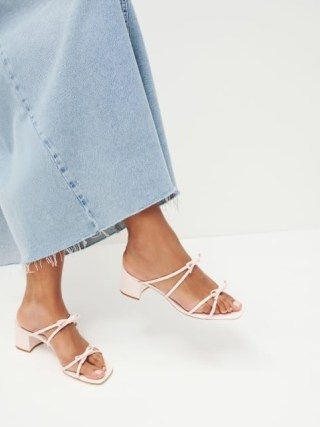 Reformation Elodie Block Heeled Sandal in Pearlized Morning Dew – bow embellished sandals - flipped