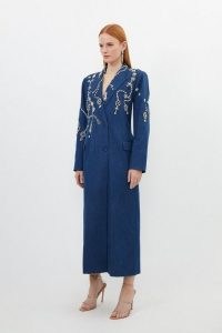 KAREN MILLEN Embellished Denim Double Breasted Maxi Coat in Indigo – blue coats with crystals – crystal covered clothing