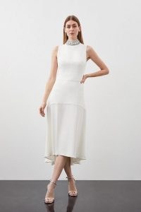 KAREN MILLEN Embellished Neck Compact Viscose High Low Midi Dress in Ivory – sleeveless off white dip hem dresses – occasionwear with crystals – crystal neckline