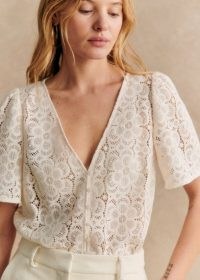 Sezane EMMA BLOUSE in Ecru / short sleeve semi sheer blouses / floral tops
