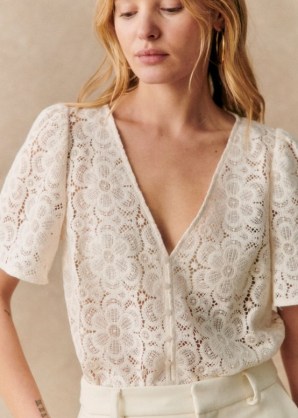 Sezane EMMA BLOUSE in Ecru / short sleeve semi sheer blouses / floral tops - flipped
