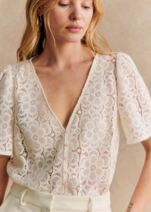Sezane EMMA BLOUSE in Ecru / short sleeve semi sheer blouses / floral tops