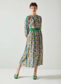 L.K. BENNETT Erica Plate Print Silk Dress – silky long sleeve printed midi dresses – luxury clothing – women’s luxe fashion