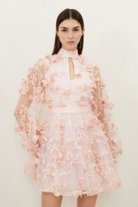 KAREN MILLEN Floral Applique Woven Mini Dress in Blush ~ sheer balloon sleeve fit and flare dresses ~ women’s romantic party clothing ~ light pink occasion clothes