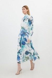 KAREN MILLEN Floral Printed Lace Applique Woven Maxi Dress / long sleeve high neck occasion dresses