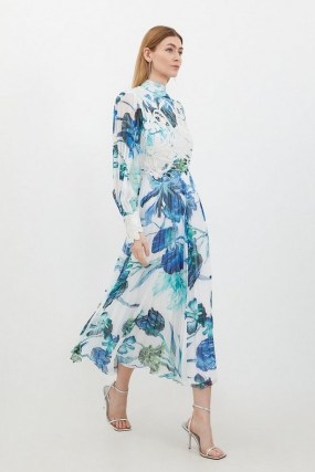 KAREN MILLEN Floral Printed Lace Applique Woven Maxi Dress / long sleeve high neck occasion dresses - flipped