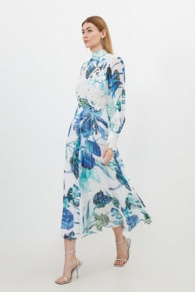 KAREN MILLEN Floral Printed Lace Applique Woven Maxi Dress / long sleeve high neck occasion dresses