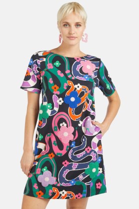 gorman Flower Snake Swing Dress / women’s short sleeve dresses with retro inspired prints / womens organic cotton clothing - flipped