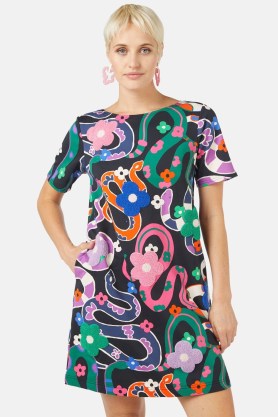 gorman Flower Snake Swing Dress / women’s short sleeve dresses with retro inspired prints / womens organic cotton clothing