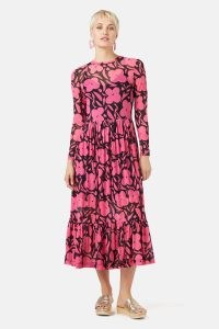 gorman Flower Stripe Mesh Dress / black and pink floral long sleeve tiered hem midi dresses