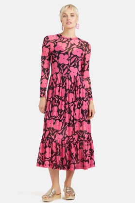 gorman Flower Stripe Mesh Dress / black and pink floral long sleeve tiered hem midi dresses - flipped