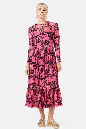 gorman Flower Stripe Mesh Dress / black and pink floral long sleeve tiered hem midi dresses