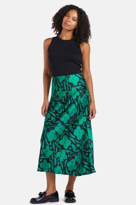gorman Flower Stripe Slip Skirt / green satin floral print midi skirts - flipped