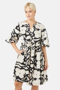 gorman Flower Stripe Smock Dress / monochome floral print balloon sleeve dresses / organic cotton fashion