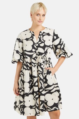 gorman Flower Stripe Smock Dress / monochome floral print balloon sleeve dresses / organic cotton fashion - flipped