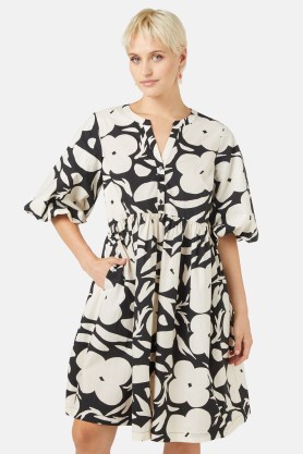 gorman Flower Stripe Smock Dress / monochome floral print balloon sleeve dresses / organic cotton fashion