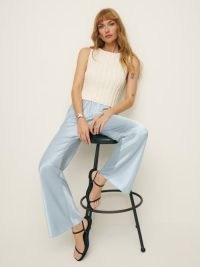 Reformation Gale Satin Mid Rise Bias Pant in Mineral ~ women’s light blue silky trousers ~ womens luxe relaxed fit pants