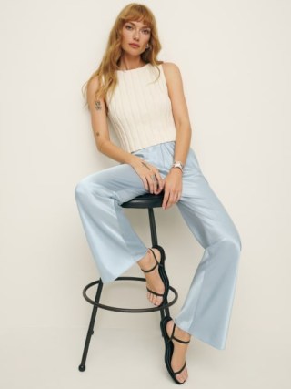Reformation Gale Satin Mid Rise Bias Pant in Mineral ~ women’s light blue silky trousers ~ womens luxe relaxed fit pants - flipped