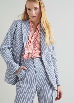 L.K. BENNETT Gene Blue And White Stripe Cotton-Rich Jacket – women’s striped single breasted jackets for spring 2024 - flipped