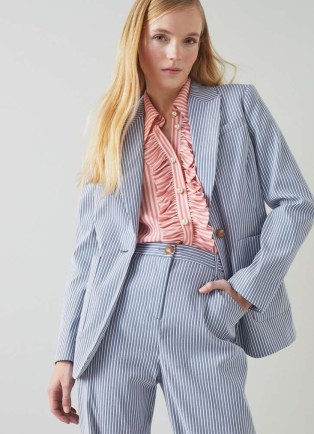 L.K. BENNETT Gene Blue And White Stripe Cotton-Rich Jacket – women’s striped single breasted jackets for spring 2024